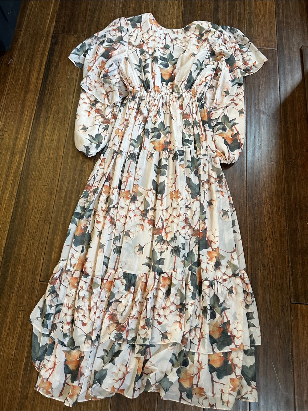 Floral Ruffle Midi Dress - Cream with Orange & Green Print